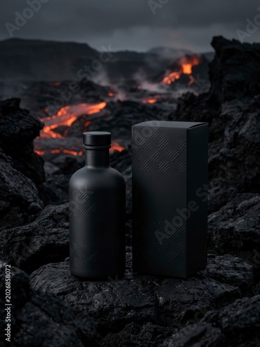 Matte black bottle and box on volcanic lava rock.