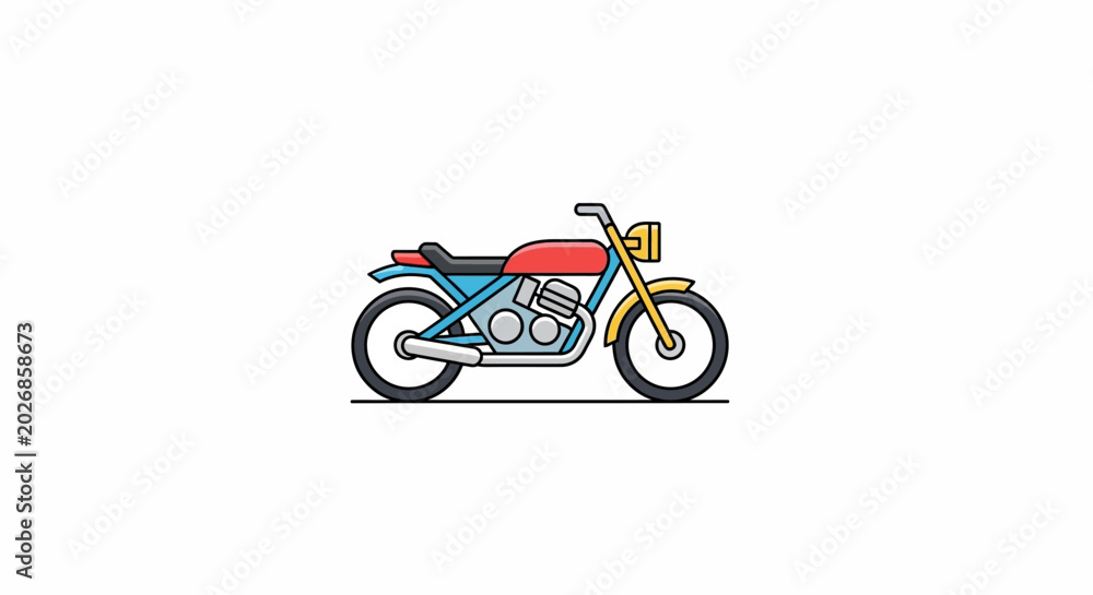 Obraz premium Cartoon-style motorcycle illustration on a white background representing speed and adventure