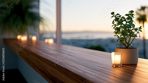 Warm sunset ambiance with candles and plant on wooden bar