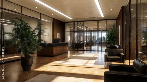 Modern office lobby with reception desk, plant, and glass walls. Sunlight streams in