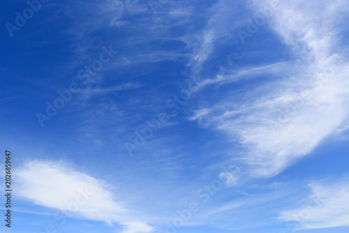 Bild auf Leinwand Wispy cirrus clouds drift across a vibrant blue sky on a clear day