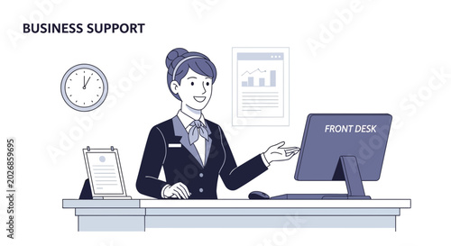 Business Support Representative at Front Desk with Computer and Clock