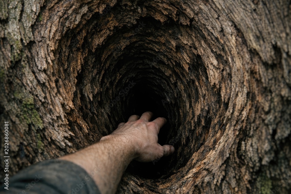 Fototapeta premium A person's hand reaches out from a hole in a tree, creating a sense of mystery and curiosity