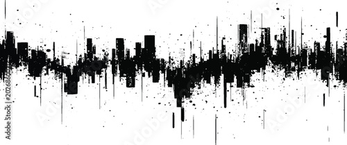 Black ink splatter abstract cityscape silhouette with scattered dots and vertical lines on white background