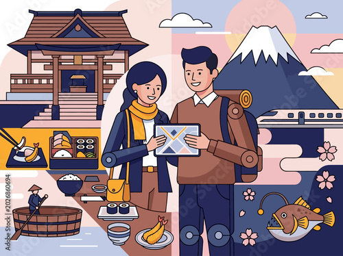 Εκτύπωση καμβά Japan Travel Vector Illustration: Couple Planning Trip with Map, Mount Fuji, Shi