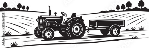 Vintage tractor, tractor with trailer, black and white illustration, farm vehicle, agricultural icon