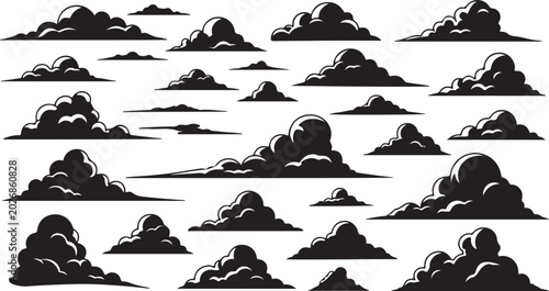 Black cloud silhouette collection set with cartoon smoke shapes isolated for weather design and comic background use