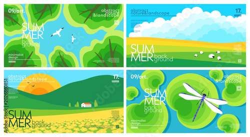 Canvastavla Set of landscape summer horizontal backgrounds with trees crown and seagulls, fields and sheep, hills and building, water lily leaves and dragonfly