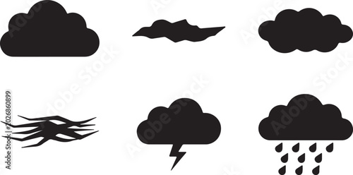 Bild auf Leinwand Black weather cloud icon set with storm rain wind and abstract cloud silhouettes