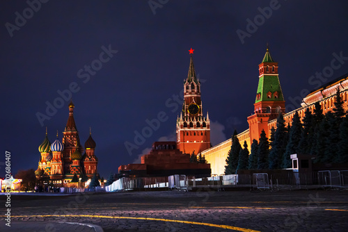 The Spasskaya Tower and St. Basil's Cathedral. The main symbols of Moscow at night.