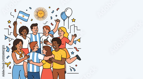 Bilde på lerret Group of diverse friends celebrating together with an Argentine flag illustration
