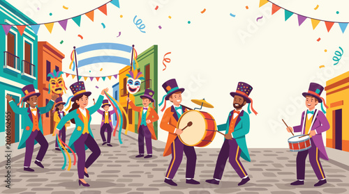 Tableau sur toile Group of festive musicians performing in traditional colorful carnival costumes on a street