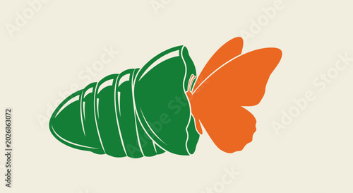 Metamorphosis illustration showing a butterfly emerging from its chrysalis on a neutral backdrop