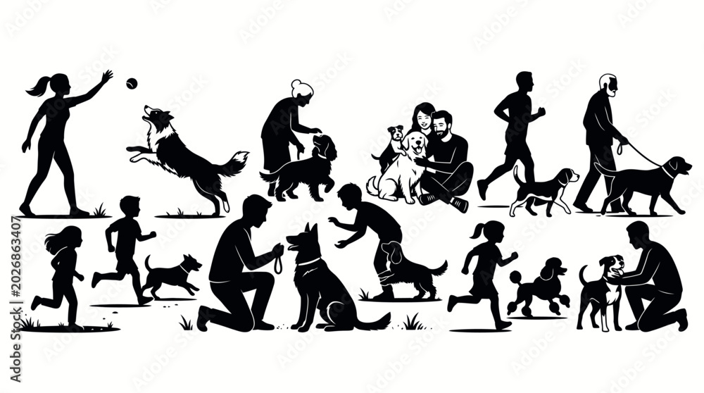 Obraz premium Diverse People and Their Dogs Enjoying Various Outdoor Activities Together