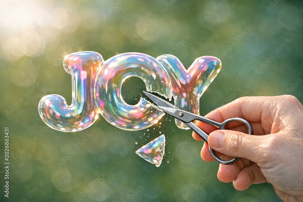 Fototapeta premium A person holding a pair of scissors in front of a sign reading 'joy'
