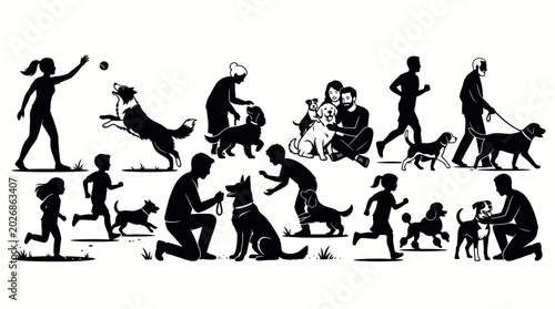 Diverse People and Their Dogs Enjoying Various Outdoor Activities Together