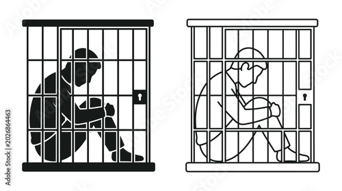 Tableau sur toile Prison cell silhouettes with lock black and white vector illustration