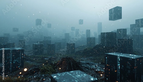 Fragmented AI Memory Landscape with Floating Data Structures Surreal Digital World