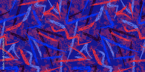 Abstract sporty seamless pattern. Urban street art style background with paint spots, brush strokes, lines. Vector grunge graffiti pattern. Funky sport texture in neon blue and red. Trendy design