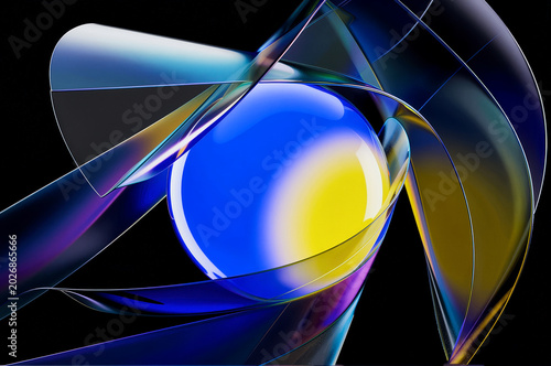 Sphere sits encased within interlocking translucent ribbons of dark glass and light. Vibrant blue and golden hues glow from the core against a void-like black expanse.