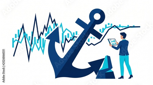 Flat vector illustration of a businessman analyzing charts with a large ship anchor representing anchoring bias in financial trading and market stability