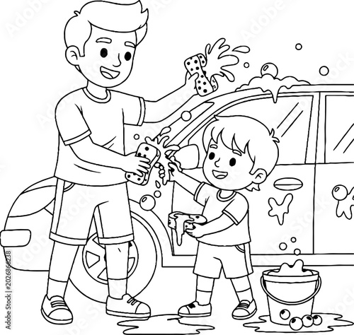 Father and Son Washing a Car Together with Sponges and Soap