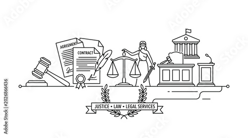 Fotografie Law and legal services line art illustration with justice symbols