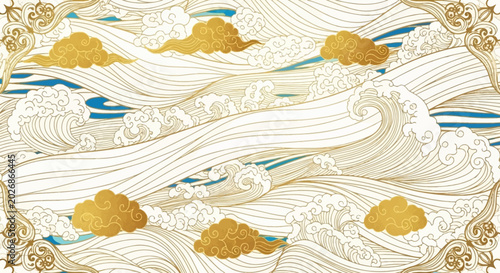 An artistic illustration of golden clouds and ocean waves in a decorative pattern design