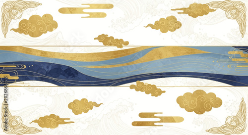 An abstract illustration featuring golden clouds and flowing water with decorative borders