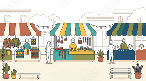 Fotografía Illustration of a bustling outdoor craft market with various stalls