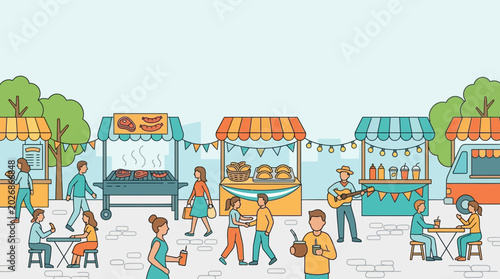 Tableau sur toile Illustration of a bustling outdoor street food market with stalls and people