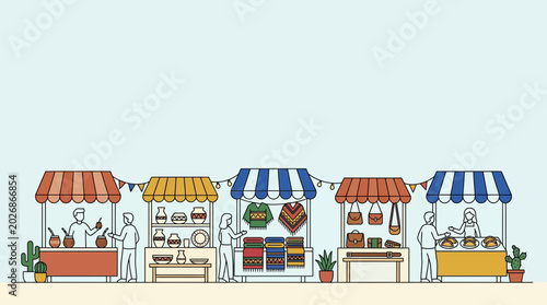 Cuadro en lienzo Illustration of a bustling outdoor street market with vendor stalls and customers