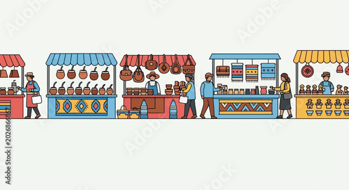 Quadro su tela Illustration of a bustling street market with vendors and customers
