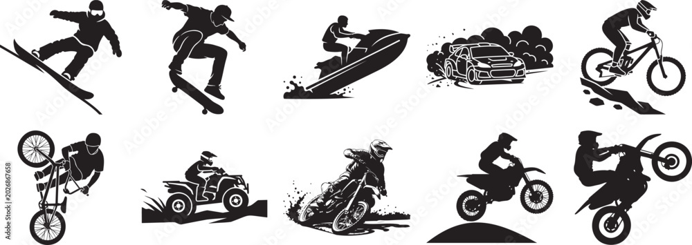 Obraz premium Diverse collection of extreme sports and outdoor adventure activities vector silhouettes.