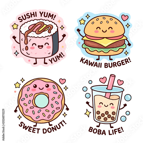 Cartoon food stickers with sushi, burger, donut, and boba tea
