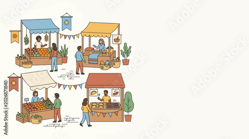 Cuadro en lienzo People shopping at outdoor street market stalls illustration.