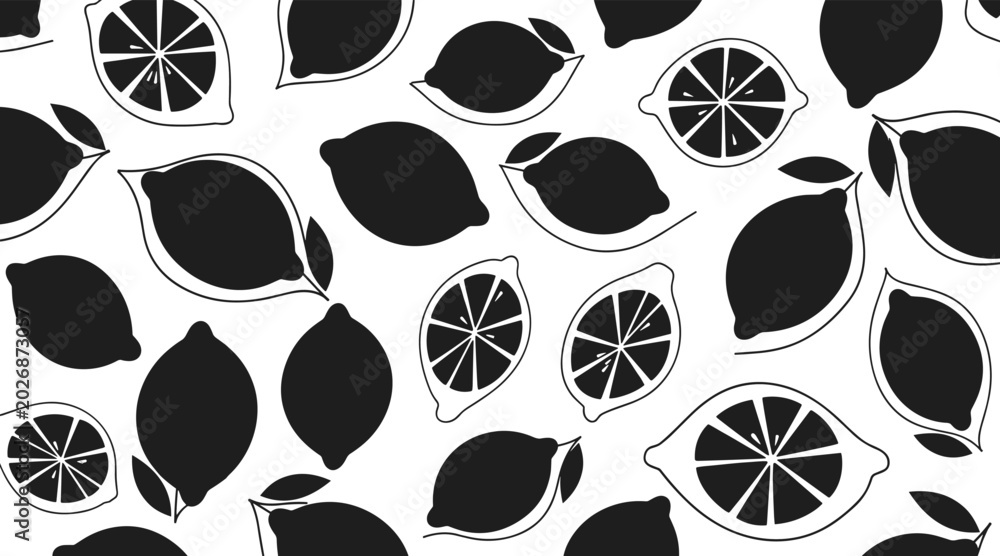 Fototapeta premium Lemon silhouettes and slices scattered on white background, no seamless