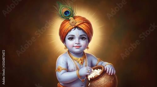 Lord krishna blue hands holding decorated feet of radha with henna and silver anklets near river bank scenery for religious spiritual concept art background 