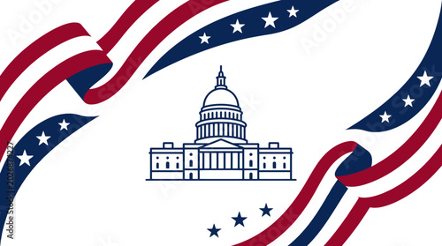 US Capitol illustration with patriotic flag corner borders.