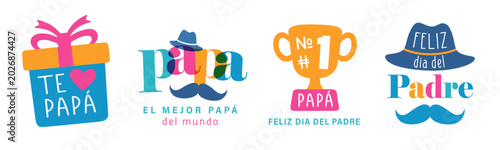 Obraz na plátně Te amo Papa, colorful spanish badges collection with gift, colored letters, hat, mustache and cup