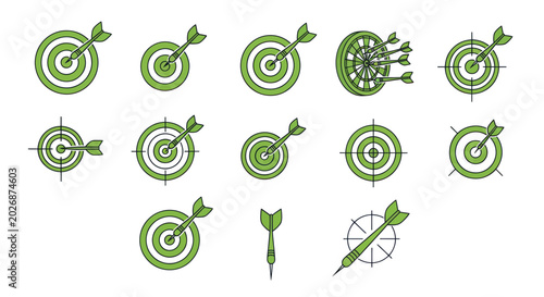 Target icons and darts, bullseye symbols, goal achievement, strategy and focus