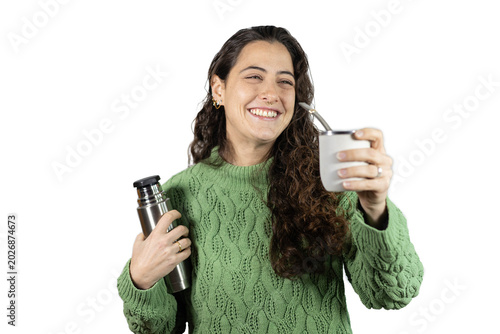 Canvastavla Happy woman holding mate and thermos smiling