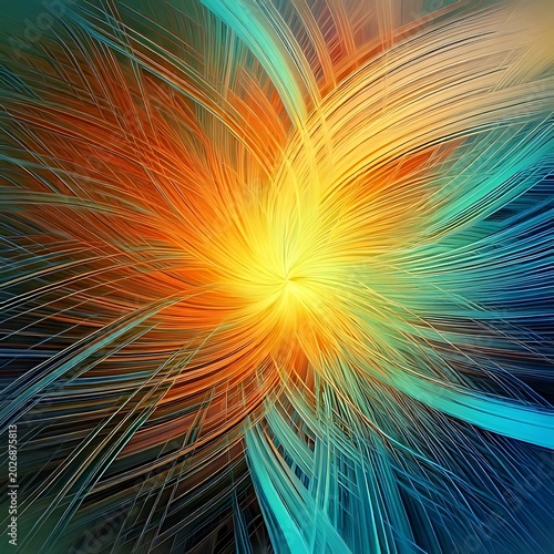 Vibrant, energetic explosion of flowing lines and colors creating a dynamic abstract form