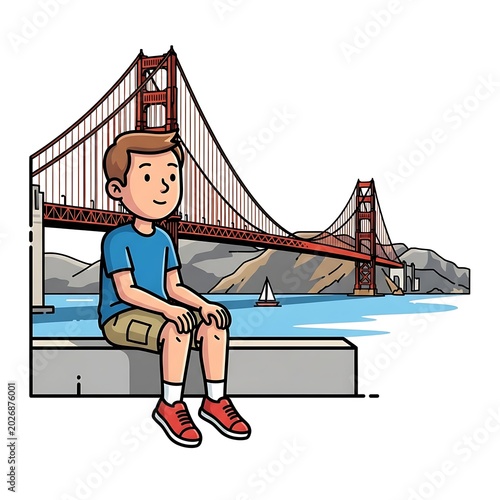 Young person enjoys a scenic view of a famous suspension bridge