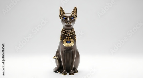 A bronze cat statue with gold accents sits on a white surface