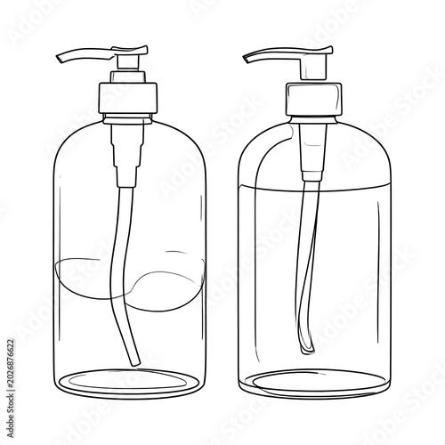 Two transparent pump bottles with liquid, one half full