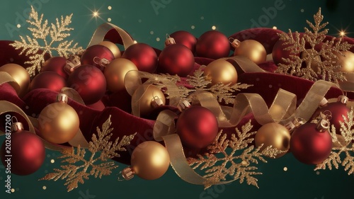 Beautiful festive holiday decoration featuring gold and red baubles with ribbon and snowflakes