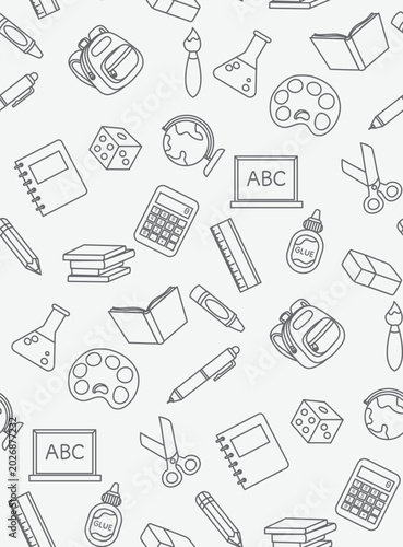 Seamless pattern of cute school supplies and classroom elements on a dark background. Colorful vector illustration of back to school concept for textile, wallpaper, and educational design.