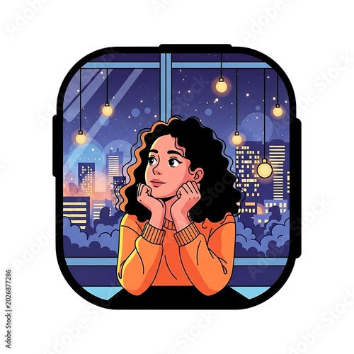 Young woman gazes out window at sparkling city lights under a starry night sky