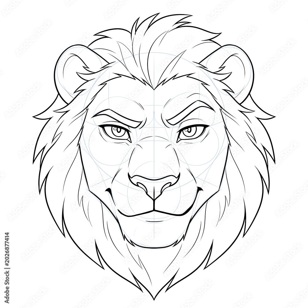 Obraz premium Hand drawn sketch of male furry lion head base in front view showing smirking expression isolated on white background. Anime illustration.